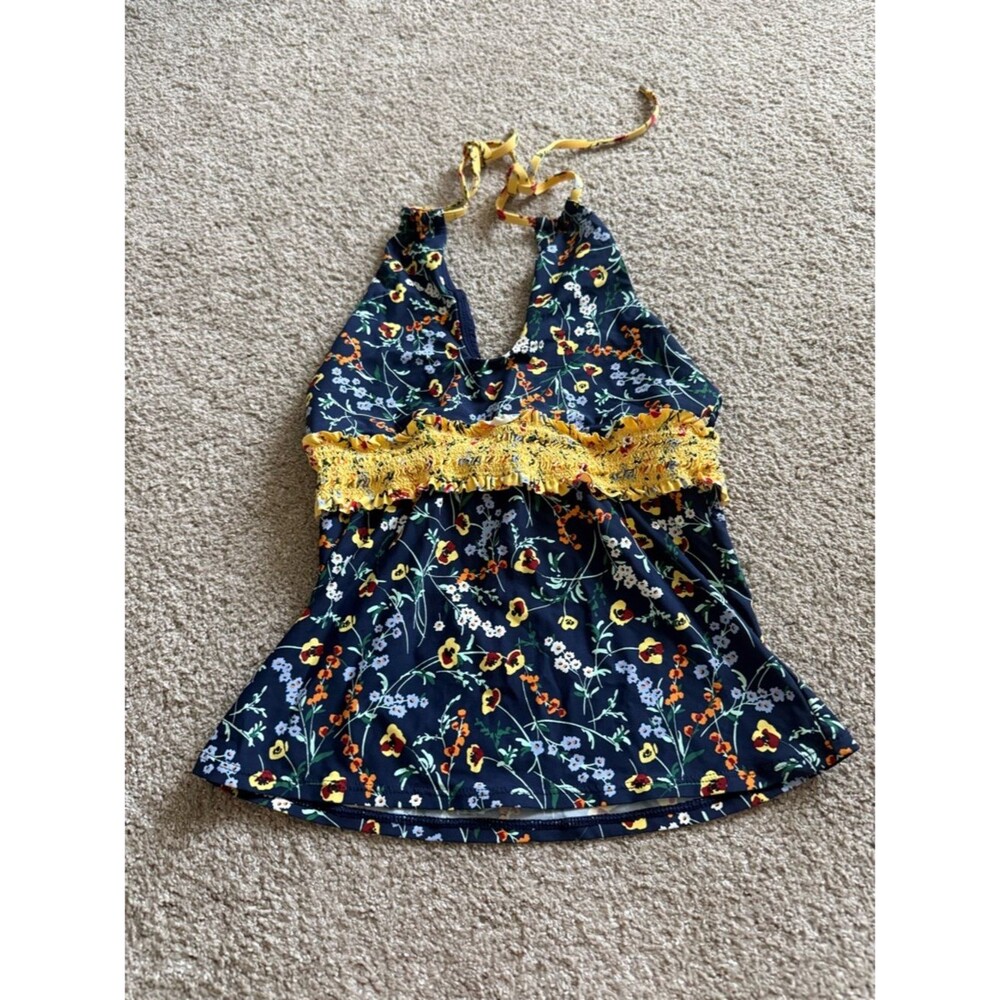 Anne Cole Navy Floral Halter Tankini Top with Yellow Smocked Waist Detail Size S